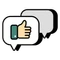 Icon of a hand holding a phone with a chat bubble symbolizing customer response.